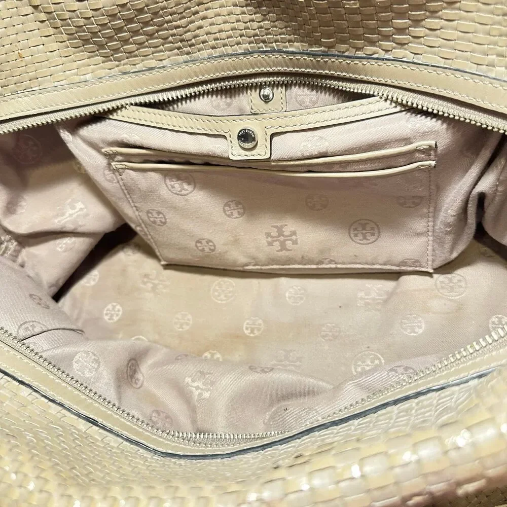 TORY BURCH ROBINSON WOVEN SOFT SATCHEL FRENCH GRAY